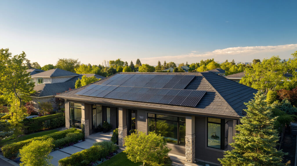 Woning met zonnepanelen als voorbeeld van duurzame energie en een lager energieverbruik.