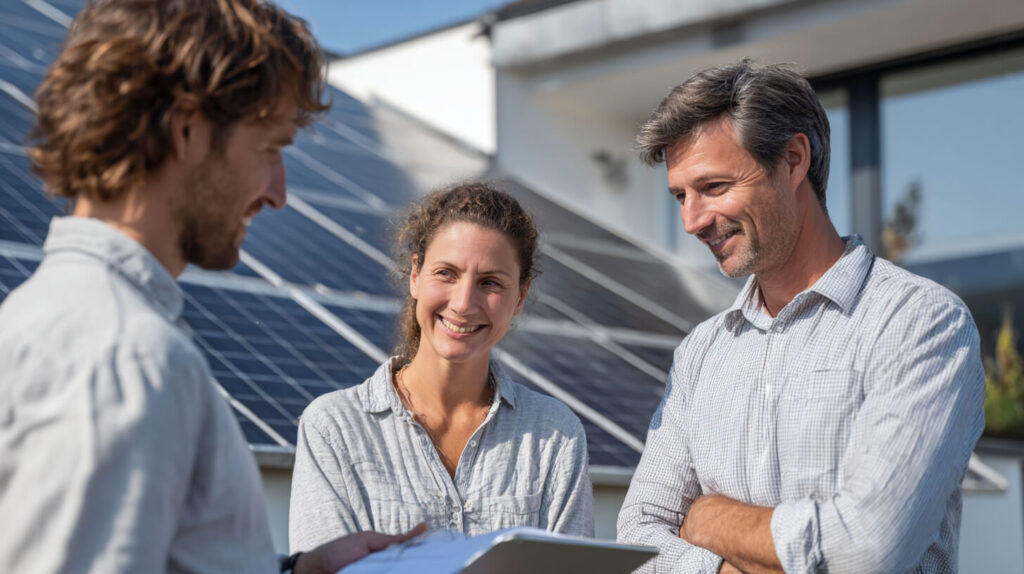 Adviseur bespreekt duurzame energie met huiseigenaren bij een woning met zonnepanelen.